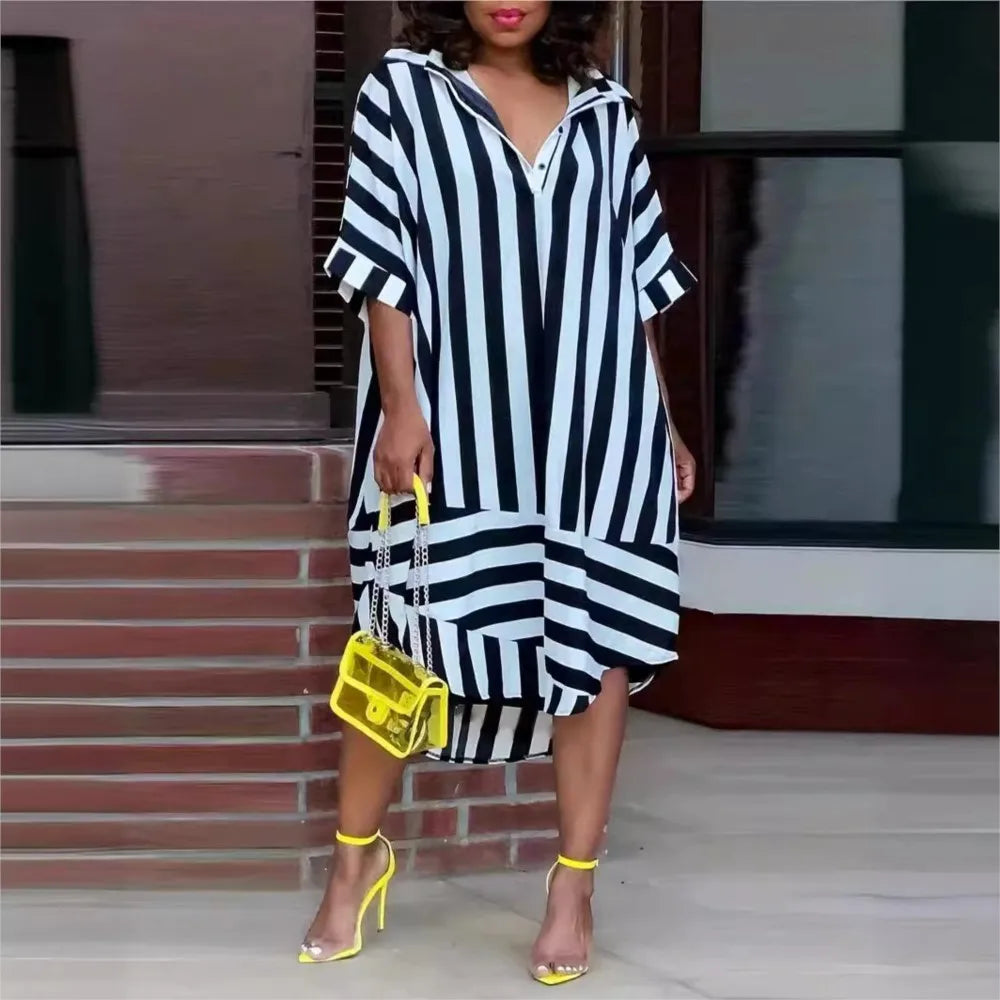 Levoire | Robe Chemise Ete Manches Courtes, Rayee, Coupe Ample, Femme Noir