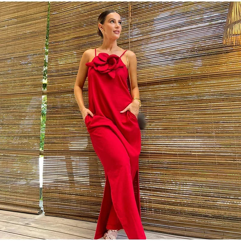 Levoire | Robe Maxi En Mélange De Lin Avec Décoration Florale, Fente Et Poches Rot