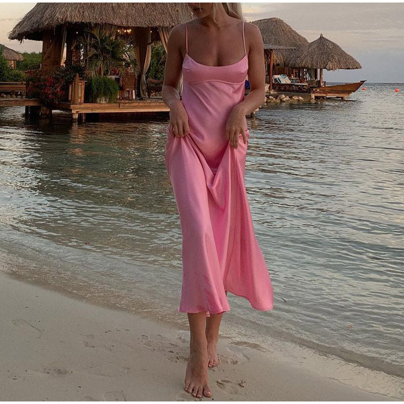 Levoire | Satin Sans Épaules Dos U Fente Midi Robe