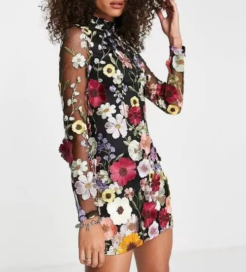 Levoire | Robe En Maille 3D Brodée Avec Fleurs Pour Femmes Noir