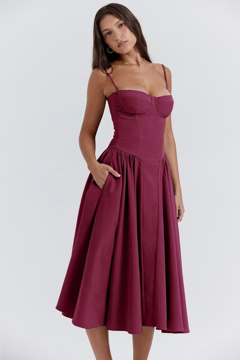 Levoire | Robe Midi Sans Manches Avec Corset Bordeaux