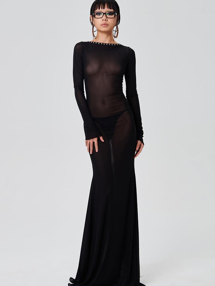 Levoire | Mesh Noir Manches Longues Dos Nu Transparent Noir Taille unique