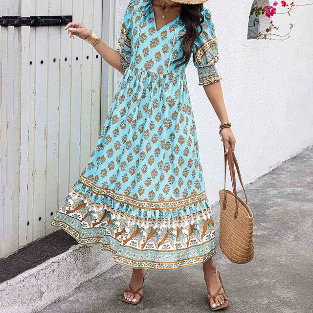 Levoire | Robe Imprimée Boho À Col En V Bleu ciel