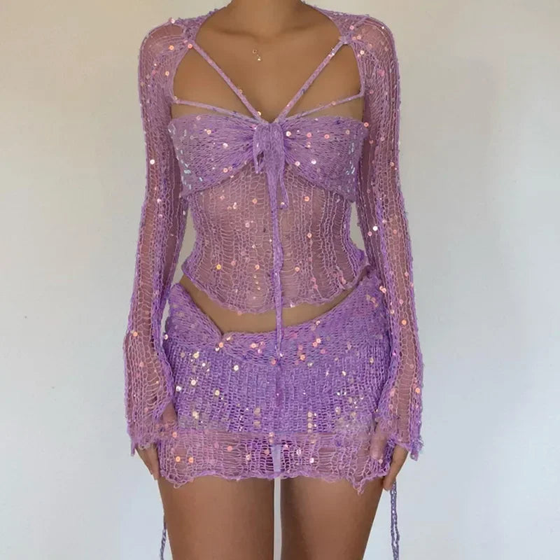 Levoire | Top Court À Manches Longues En Crochet À Sequins Et Ensemble Mini-Jupe Co-Ord Pour Un Look Glamour