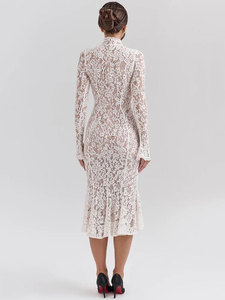 Levoire | Robe Midi Élégante En Dentelle Avec Col Montant