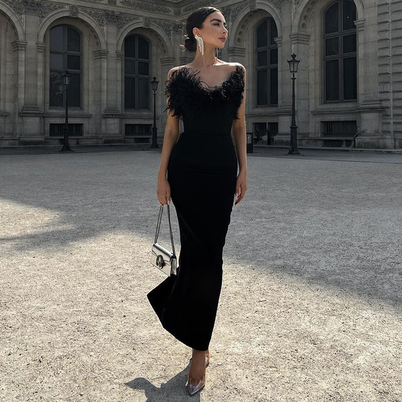 Levoire | Robe Midi Sans Bretelles Plumes Fête Noir