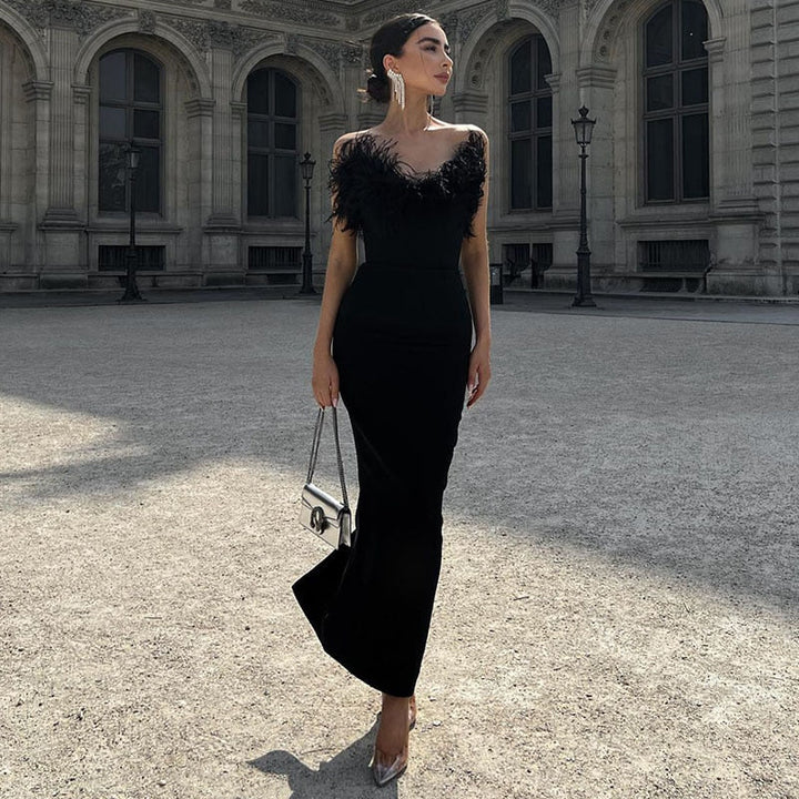 Levoire | Robe Midi Sans Bretelles Plumes Fête Noir