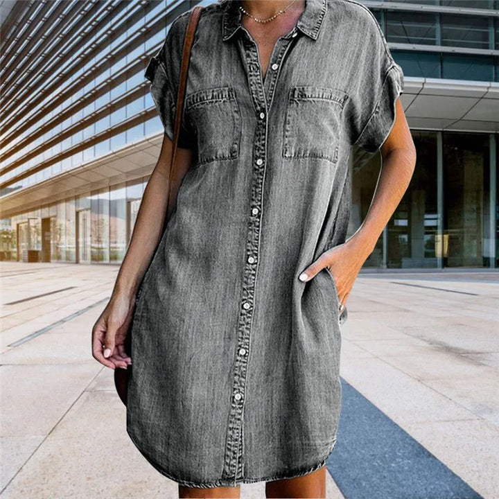 Levoire | Robe D'Été Mini Décontractée À Manches Courtes En Denim Pour Dames Avec Des Boutons Gris