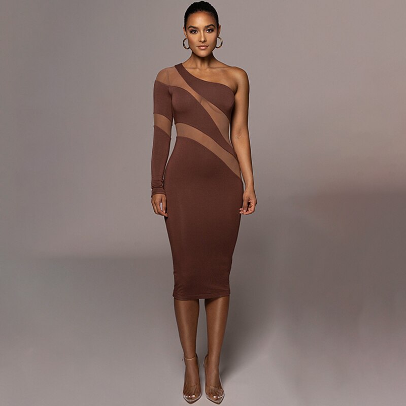 Levoire | Robe Midi Bodycon À Manches Longues En Mesh Auburn