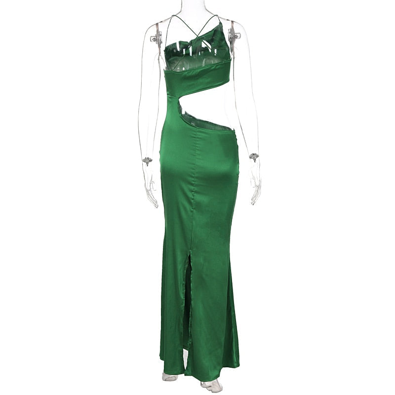 Levoire | Robe Bodycon Longue Satin Vert À Côtés Creux