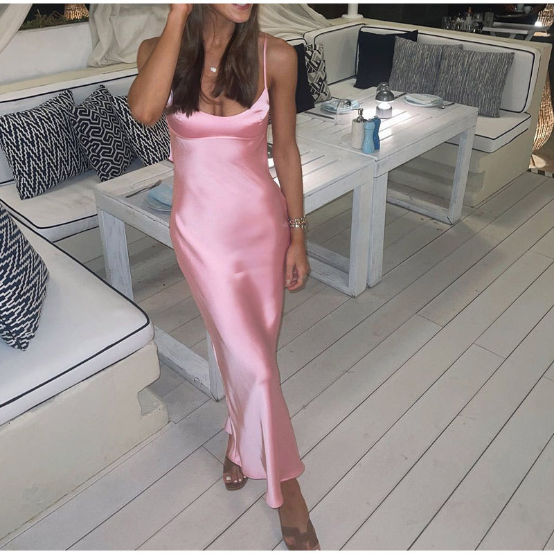 Levoire | Satin Sans Épaules Dos U Fente Midi Robe