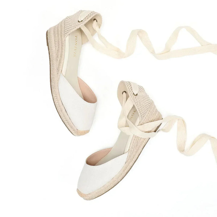Levoire | Espadrilles À Talon Compensé Blanc Sandales À Lacets Confortables Pour L'Été