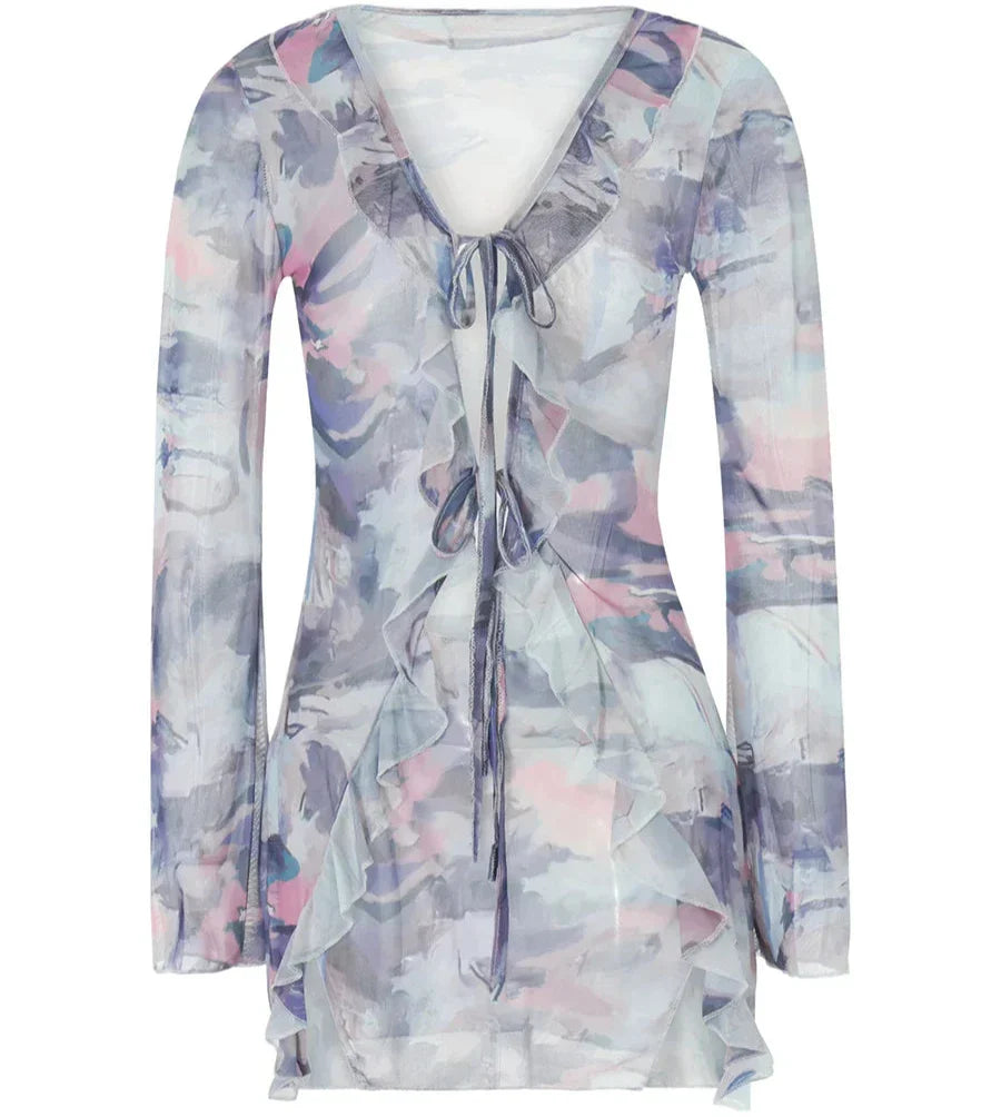 Levoire | Volant Batik Robe Mini À Manches Longues Bleu marine