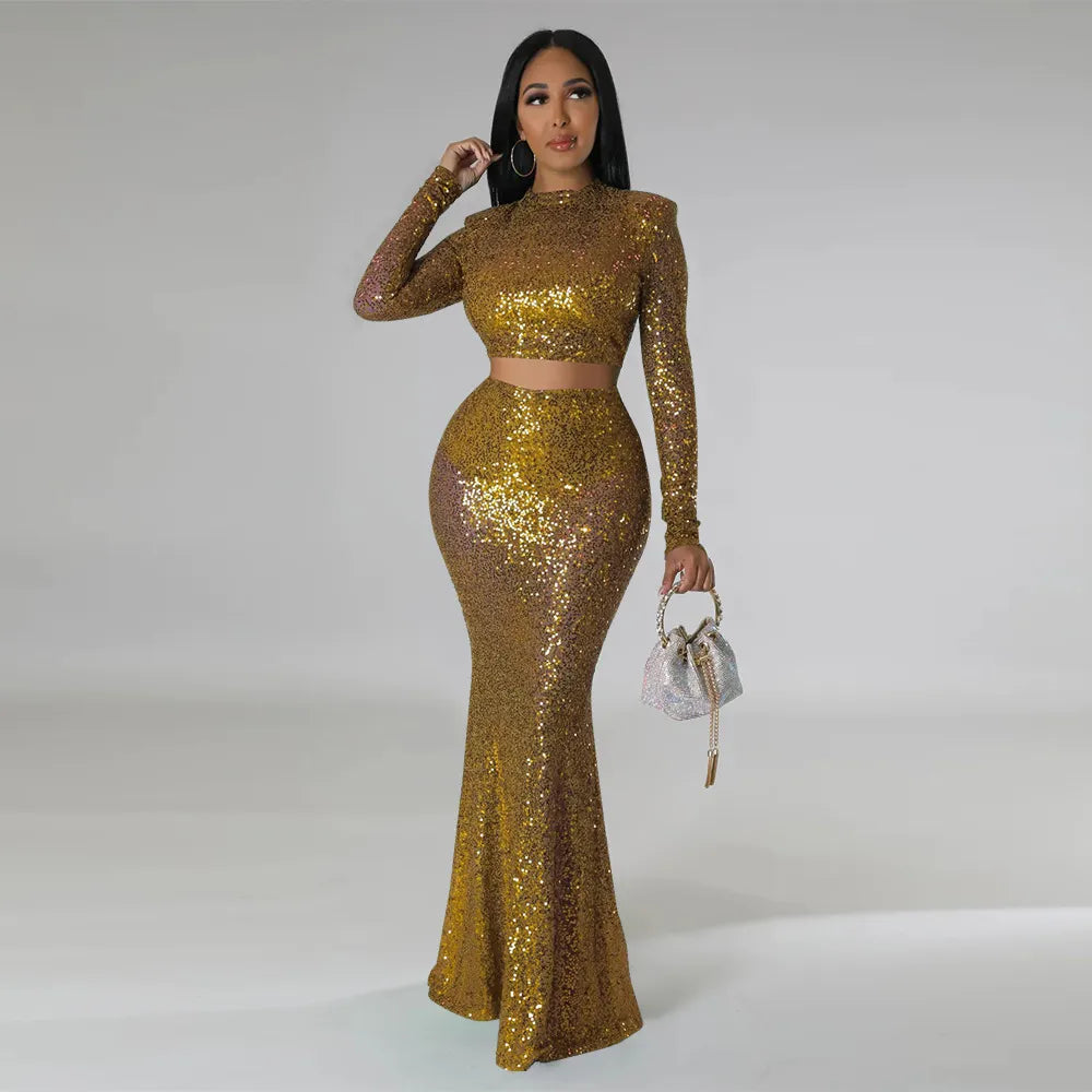 Levoire | Crop Top À Col Rond Pailleté & Ensemble Jupe Maxi