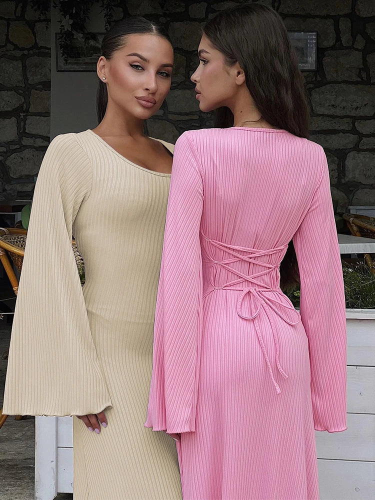 Levoire | Robe Maxi Côtelée Unie pour Femme Rose