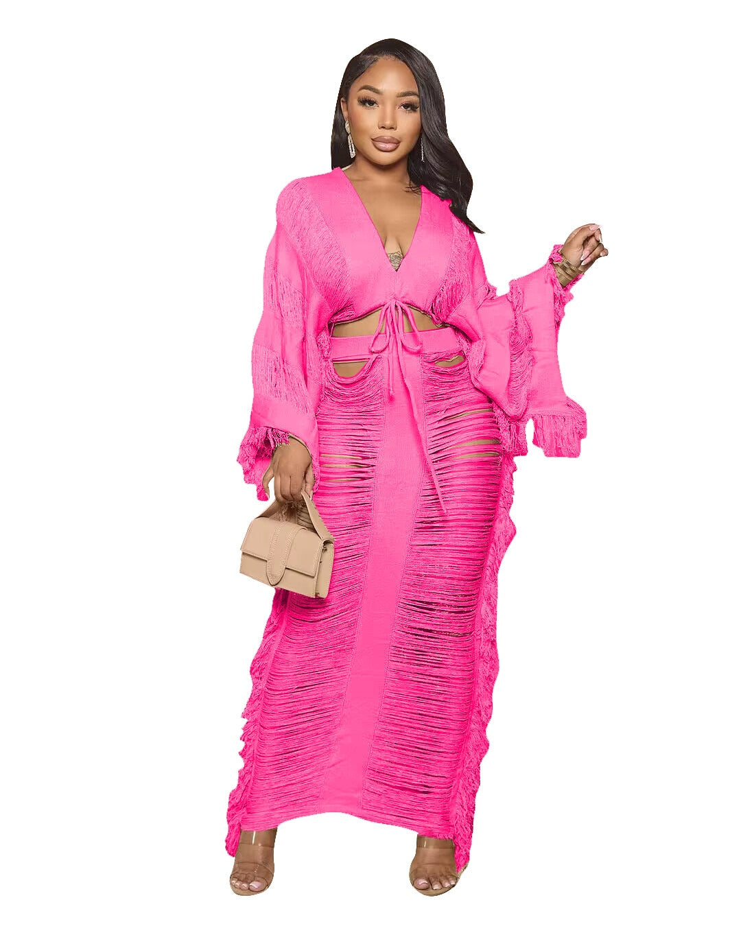 Levoire | Élégant Découpe Trous Franges Ensemble 2 Pièces ensemble fuchsia