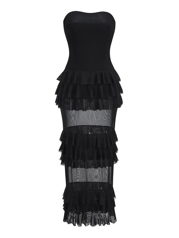 Levoire | Robe Longue Sexy Sans Bretelles Rü Schenschichtungen Patchwork noir