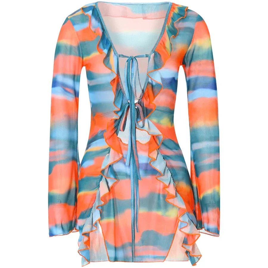 Levoire | Robe Mini À Manches Longues Avec Volants En Design Batik Orange