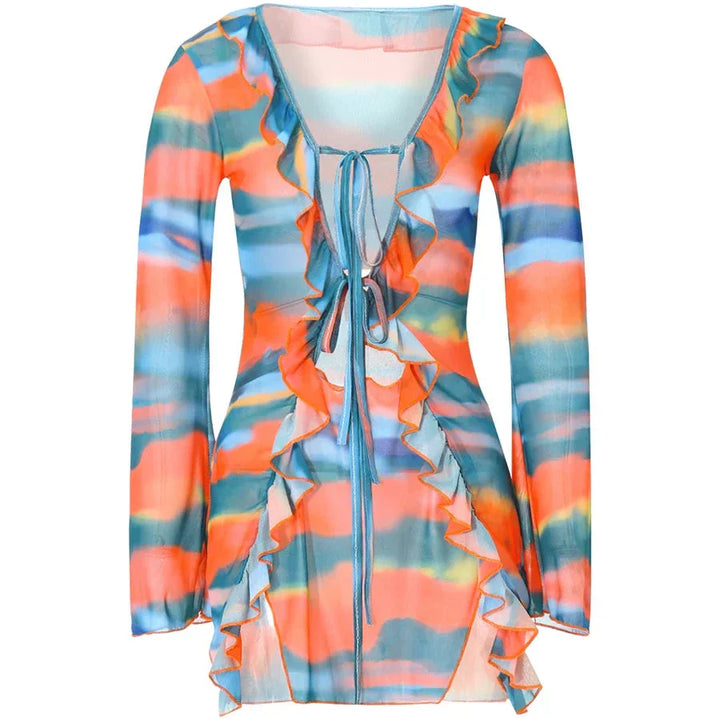 Levoire | Boni Rüsch Tie Dye Robe Mini À Manches Longues Orange