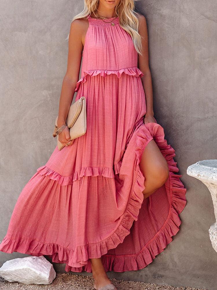 Levoire | Robe Midi Sans Manches Légère Été Vêtements De Loisirs Rosa