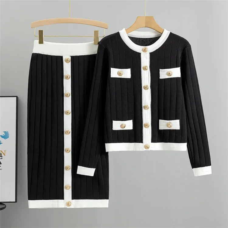 Levoire | Pull À Manches Longues Avec Jupe En Tricot Boutons Dorés Ensemble Dépareillé Noir