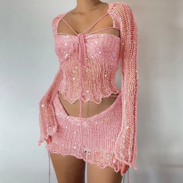 Levoire | Top Court À Manches Longues En Crochet À Sequins Et Ensemble Mini-Jupe Co-Ord Pour Un Look Glamour Rosa