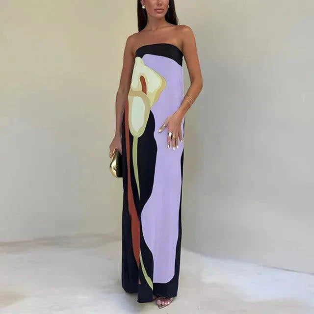 Levoire | Robe Maxi Imprimé Avocat Off-Shoulder Robe D'Été Pour Femmes Lila
