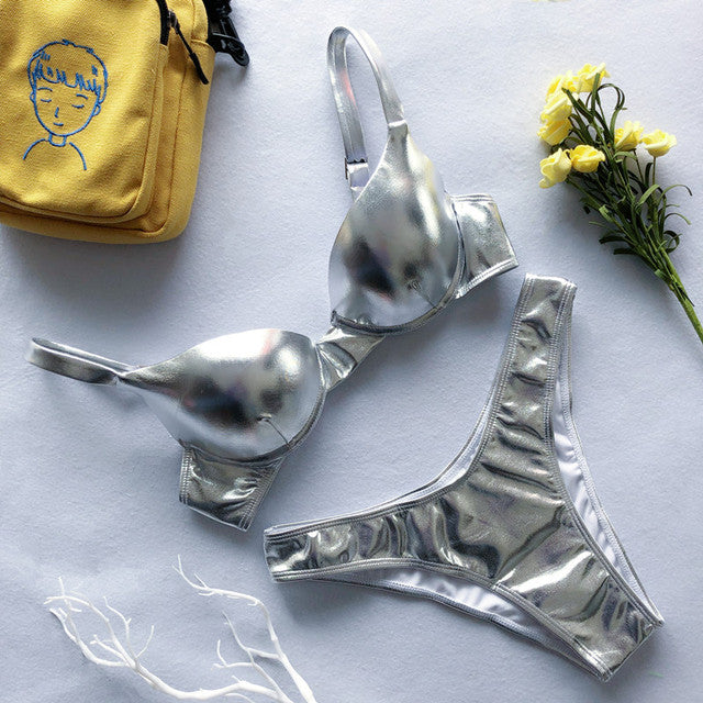 Levoire | Ensemble De Bikini Push-Up Métallique Brillant Pour Femmes Argent
