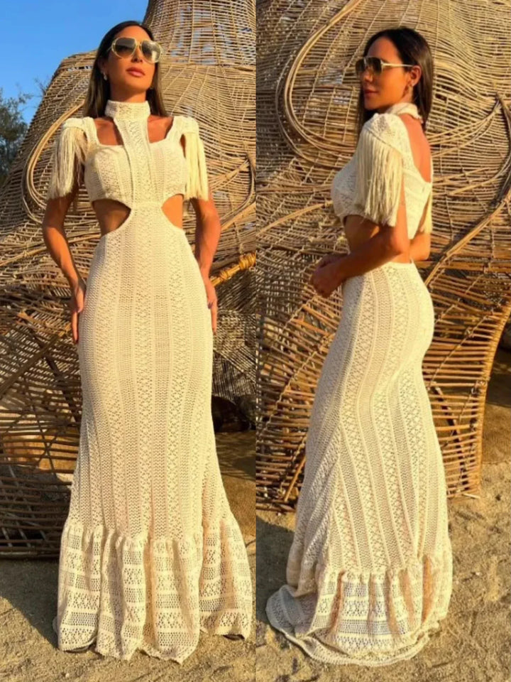 Levoire | Robe Mini/Longue À Col Cheminée Tricotée Frangée