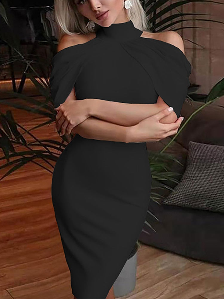 Levoire | Robe Midi À Col Halter Drapé Off Noir 01