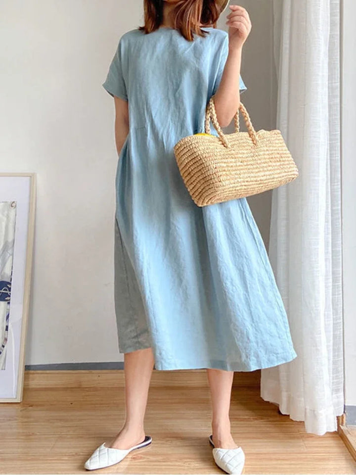 Levoire | Robe Midi Unie En Coton Et Lin Bleu clair
