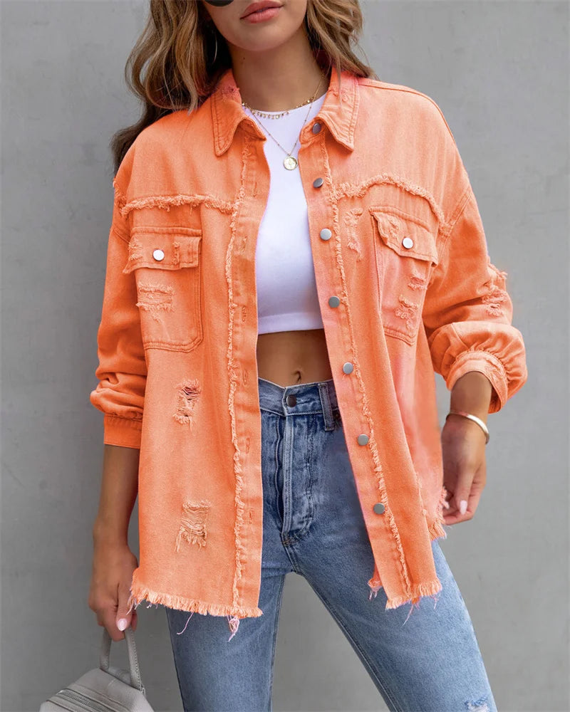 Levoire | Veste En Jean Avec Bords Bruts, Printemps, Rose, Orange, Violet