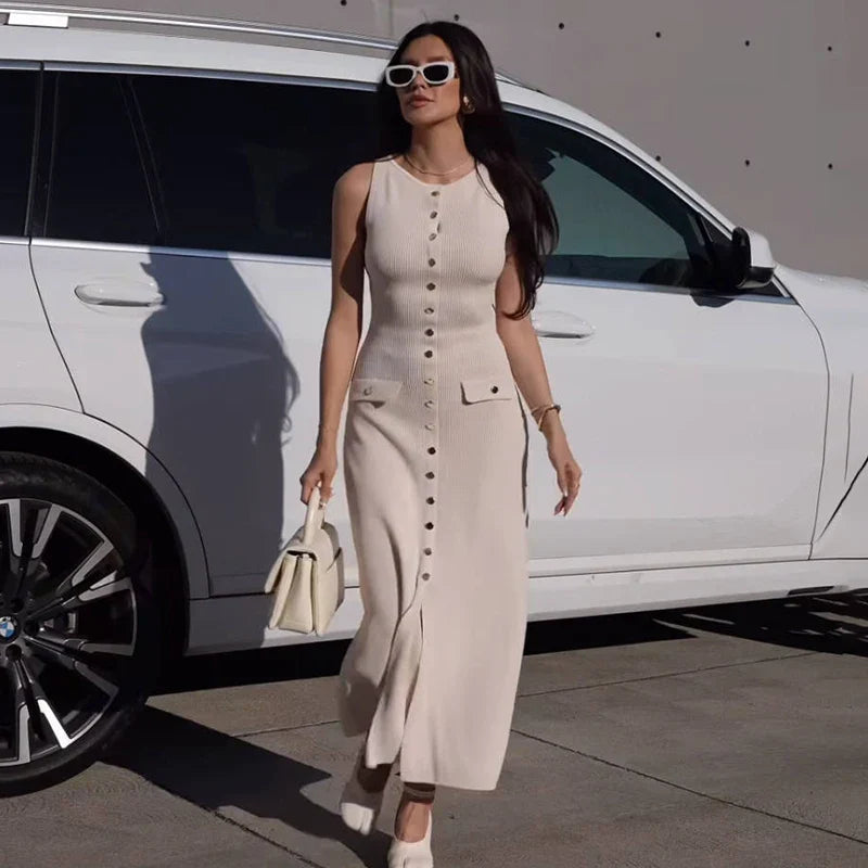 Levoire | Robe Ticotée Elégante Sans Manches Avec Patte De Boutonnage Abricot