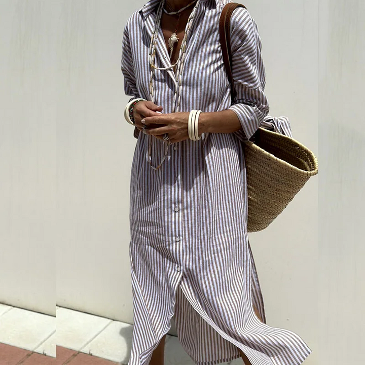 Levoire | Femmes Élégant Robe Rayée Khaki