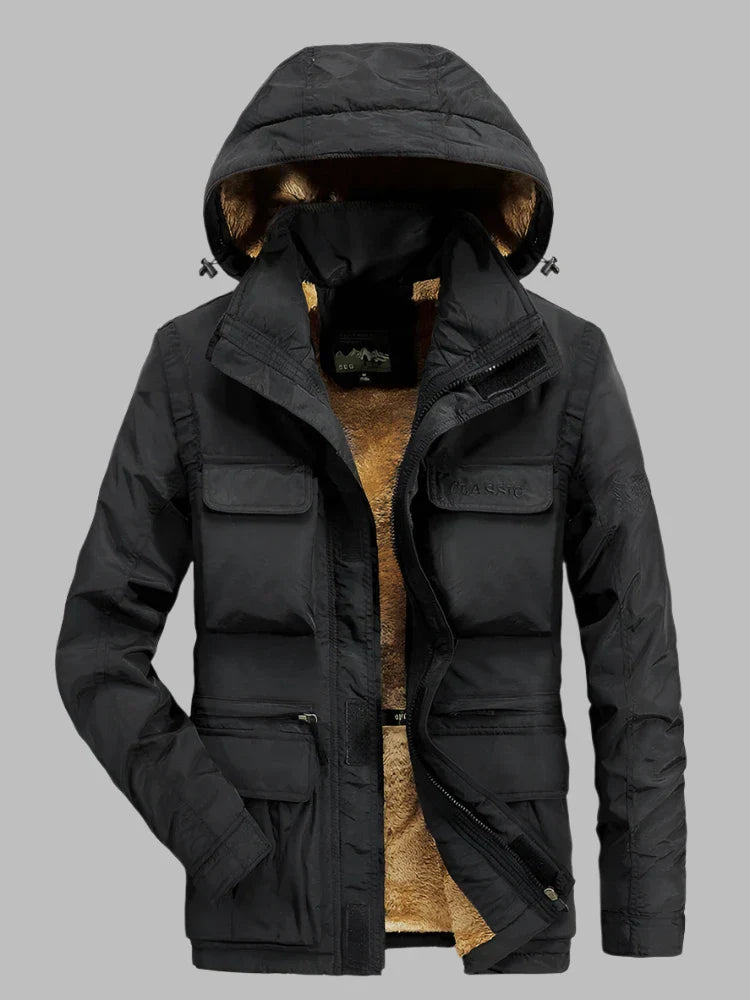 Levoire | Manteau Multi Poches Long Avec Capuche Pour Hommes Noir-Épais