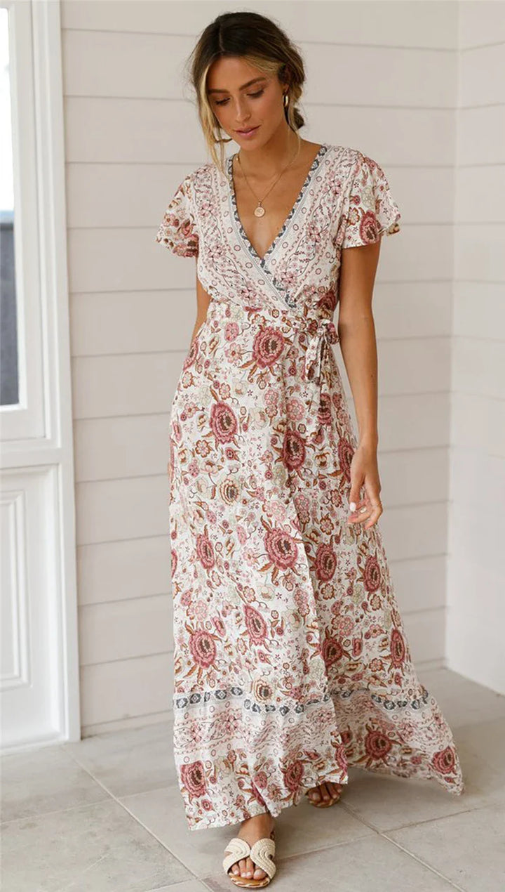 Levoire | Robe Portefeuille Fleurie Bohème Beige