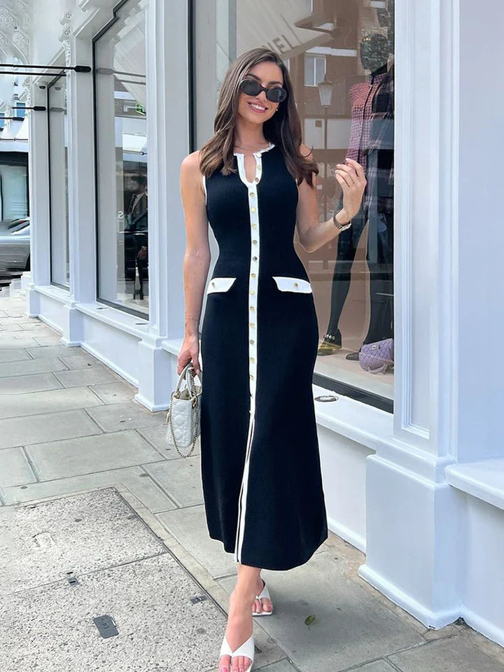 Levoire | Robe Ticotée Elégante Sans Manches Avec Patte De Boutonnage