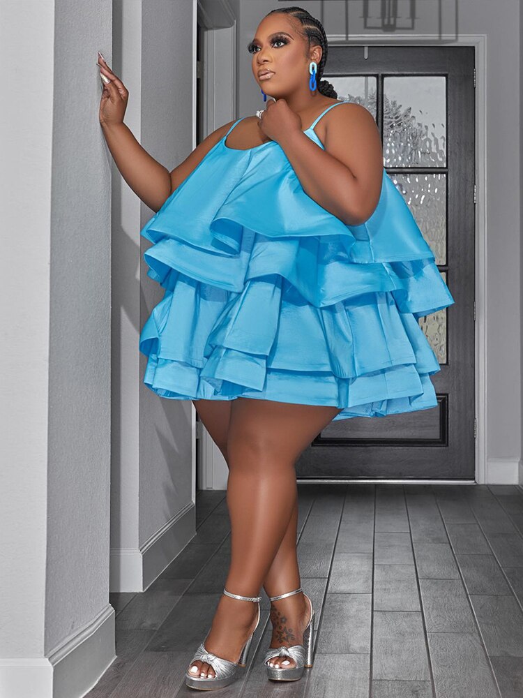 Levoire | Satin Créé Ridé Robe Mini Grande Taille Bleu