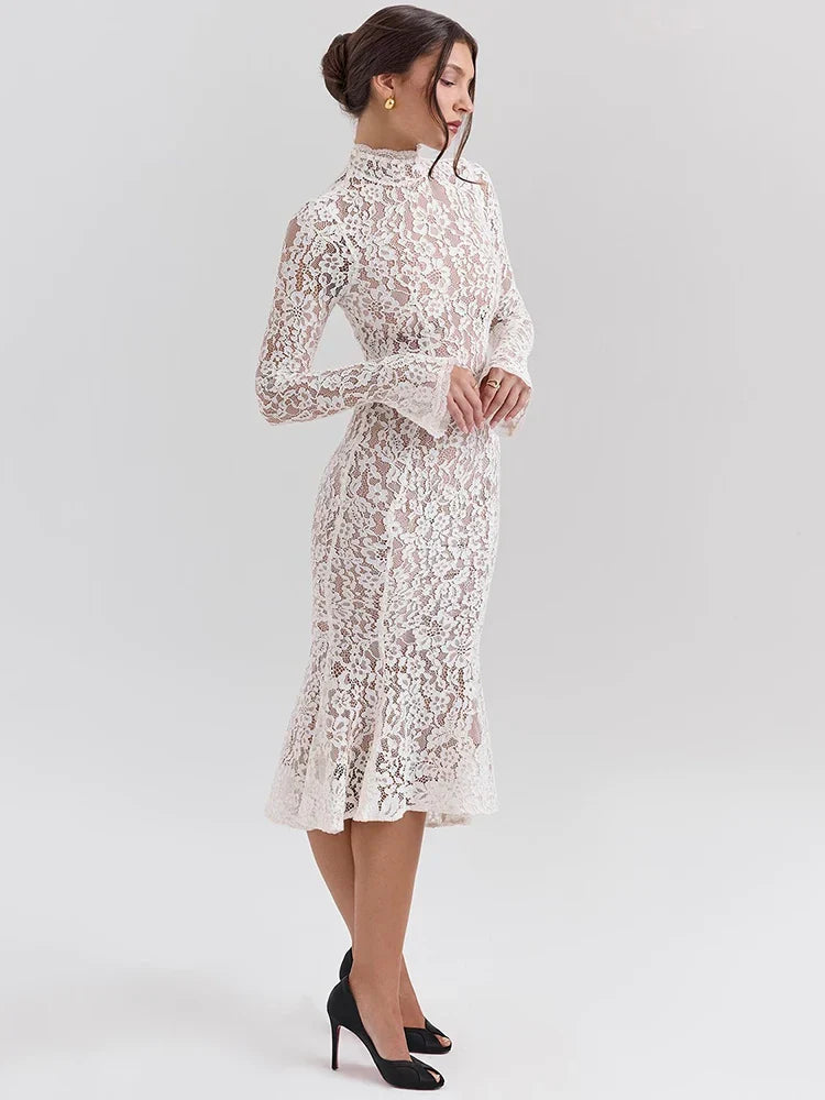 Levoire | Robe Midi Élégante En Dentelle Avec Col Montant