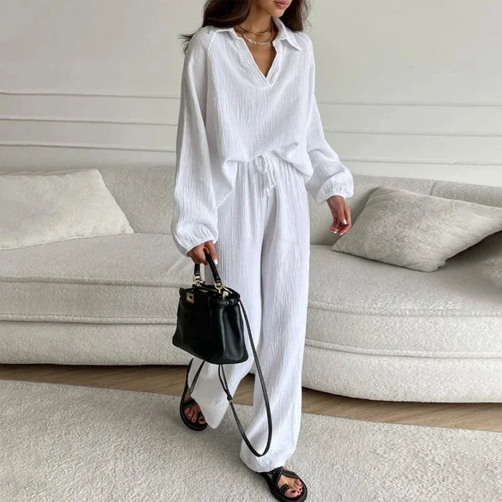 Levoire | Haut Élégant Avec Décolleté En V Et Pantalon À Jambes Larges Blanc