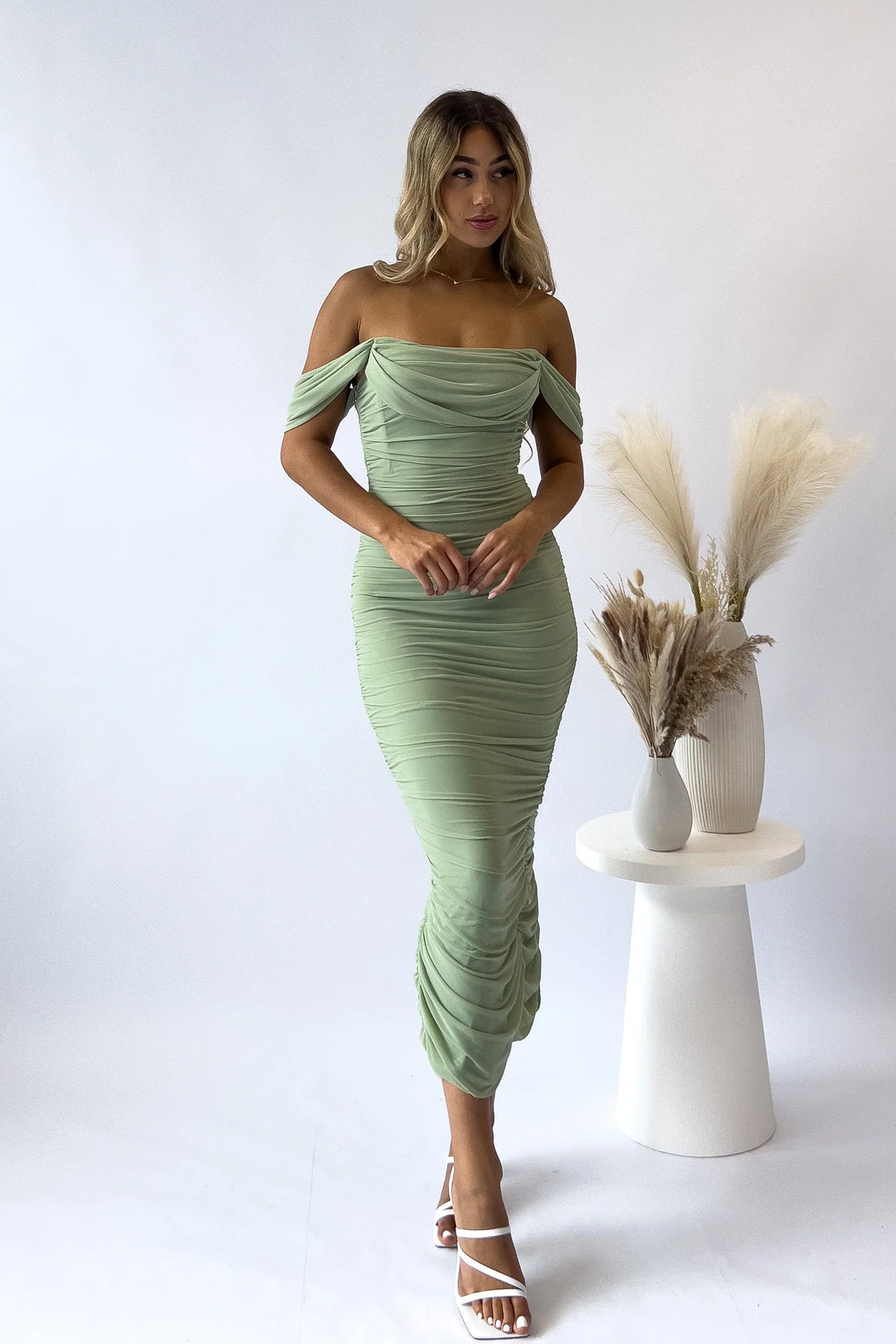 Levoire | Robe maxi sans épaules avec superposition en maille froncée Vert