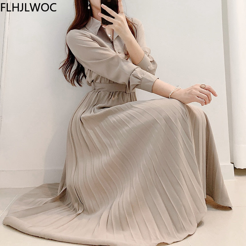 Levoire | Robe Maxi Plissée Taille Haute À Manches Longues Avec Ceinture
