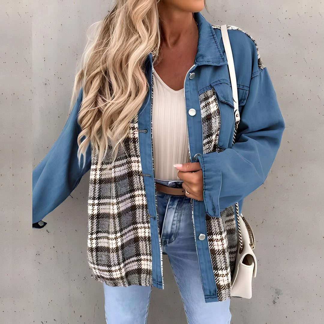 Levoire | Veste À Carreaux Tendance Grande Taille Pour Femmes Bleu foncé