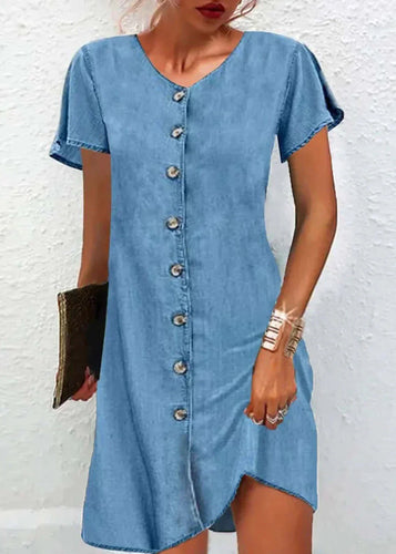 Levoire | Robe en denim à manches courtes, col en V, boutons, patchwork, bleu simple