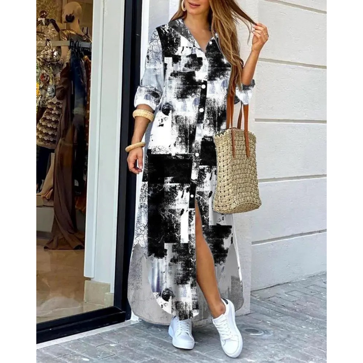 Levoire | Robe Chemise Longue À Carreaux Avec Patte De Boutonnage Pour Femmes Noir et blanc