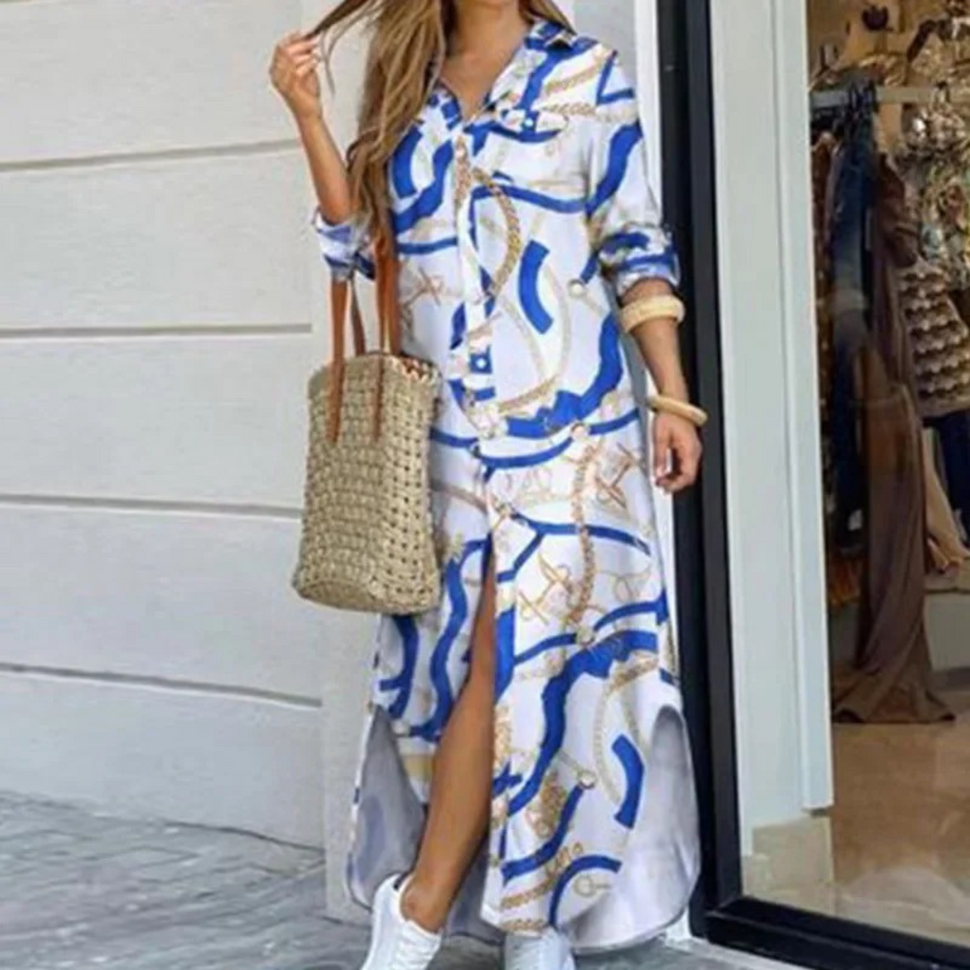 Levoire | Robe Chemise Longue À Carreaux Avec Patte De Boutonnage Pour Femmes Blanc-Bleu