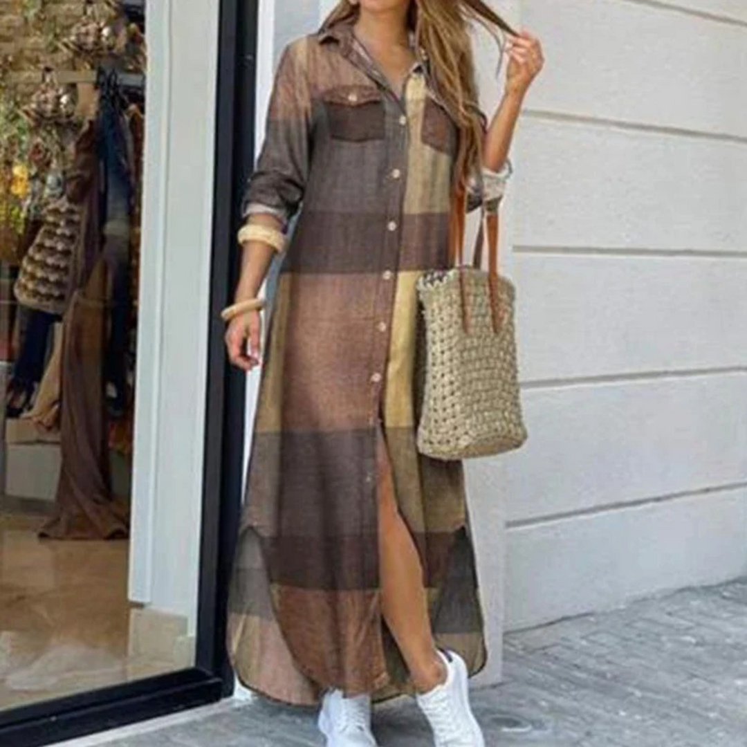 Levoire | Robe Chemise Longue À Carreaux Avec Patte De Boutonnage Pour Femmes Braun