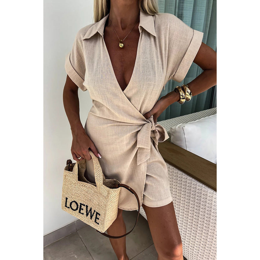 Levoire | Manches Courtes Combinaison D'Été À Décolleté En V Vêtements Pour Femmes Beige