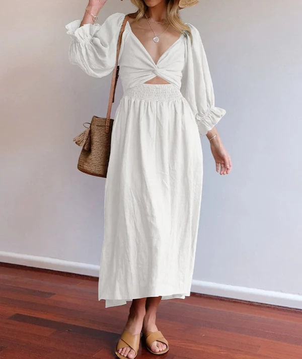 Levoire | Robe Midi Élégante Avec Manches Bouffantes Blanc