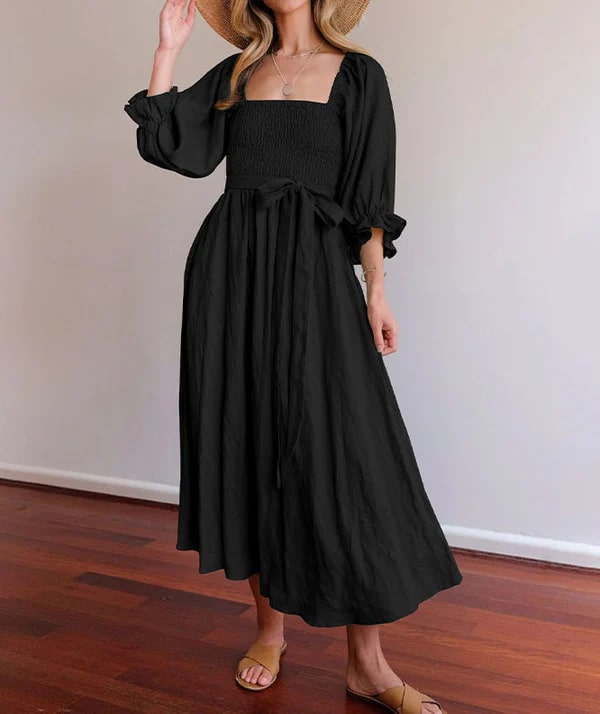 Levoire | Robe Midi Élégante Avec Manches Bouffantes Noir